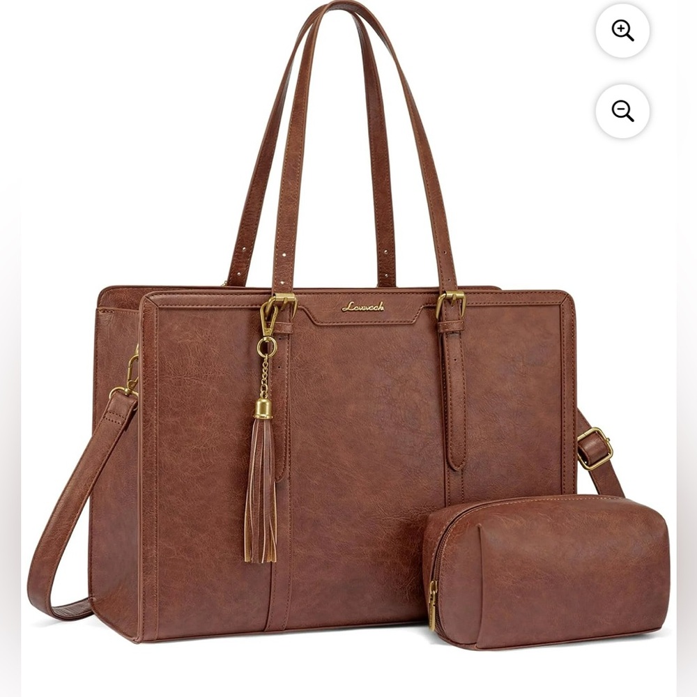 NWT LOVEVOOK Vintage Leather Laptop women’s Tote 15.6” with Clutch Purse.